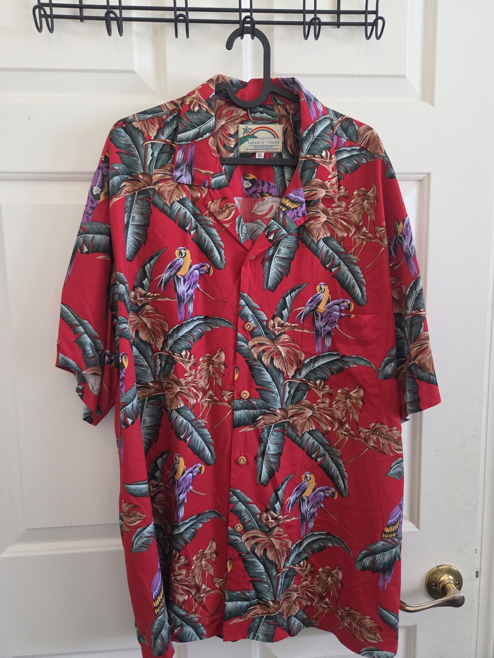 Paradise Found Hawaiian Shirt Mens XL Red Jungle Bird Magnum PI USA Rayon Camp